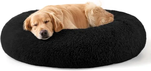 Vista 28 de Hoewina - Cama redonda, calmante, en forma de rosquilla, lavable, esponjosa para interiores, perros y gatos pequeños y medianos, negro, 20 pulgadas