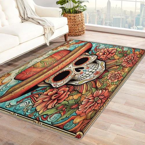 Vista 9 de Alfombra de Día de los Muertos de 2 x 3 pies, alfombra mexicana para entrada, alfombra de día de los muertos, decoración de habitación de niños