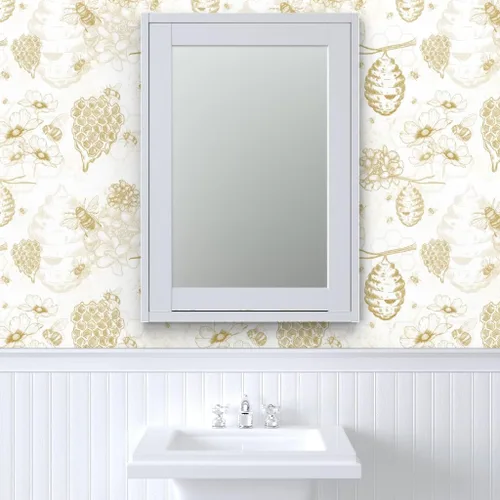 Vista 9 de Muestra de papel tapiz extraíble – Colmena de abeja Toile flores amarillas grandes mostaza oro abeja miel papel pintado personalizado pre-pegado por