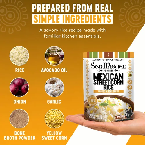 Vista 3 de San Miguel - Arroz de maíz mexicano para microondas, 0.39 oz de proteína Arroz de maíz callejero mexicano • Caldo de huesos • Aceite de aguacate •