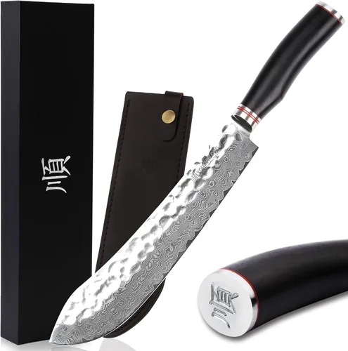 Vista 9 de YOUSUNLONG Cuchillo de carnicero de nariz de toro de 8 pulgadas, japonés de 67 capas, acero de damasco martillado con mango de madera de plomo