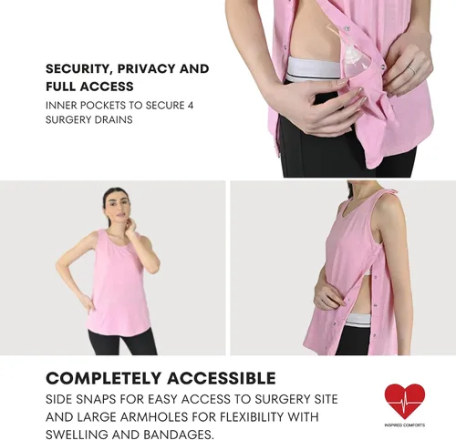 Vista 17 de Inspired Comforts Camiseta sin mangas de recuperación de mastectomía poscirugía con bolsillo de drenaje y acceso a presión