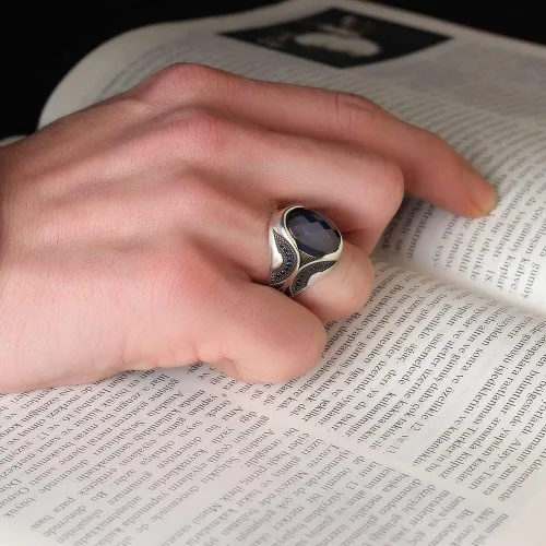 Vista 7 de Anillo de plata de ley 925 para hombre con piedra preciosa de zafiro, anillo de plata grabado hecho a mano, regalo para él, anillo de plata