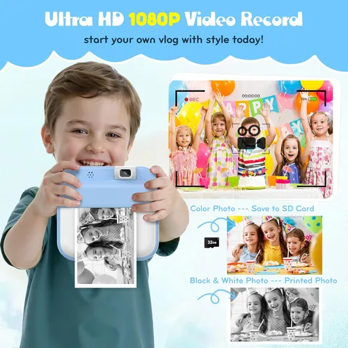 Vista 5 de Cámara para niños con impresión instantánea: cámara digital con lente abatible, regalo de cumpleaños para niños y niñas, fotos de impresión