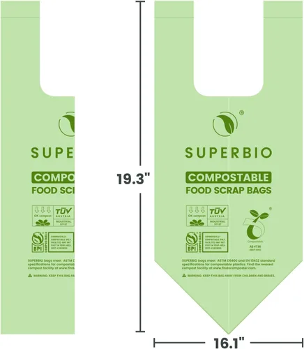 Vista 5 de SUPERBIO Bolsas compostables para restos de comida con asa de 1.6 galones, bolsas pequeñas de compost con asas, 50 unidades, 2 paquetes, BPI y OK