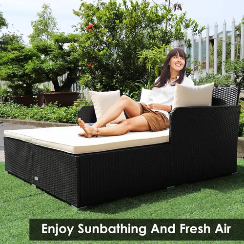 Vista 5 de COSTWAY Sofá Cama de Ratán para Patio Exterior, Sofá de Dos Plazas con Cojines de Esponja y 4 Almohadas, Muebles de Mimbre Cama Solar para Balcón