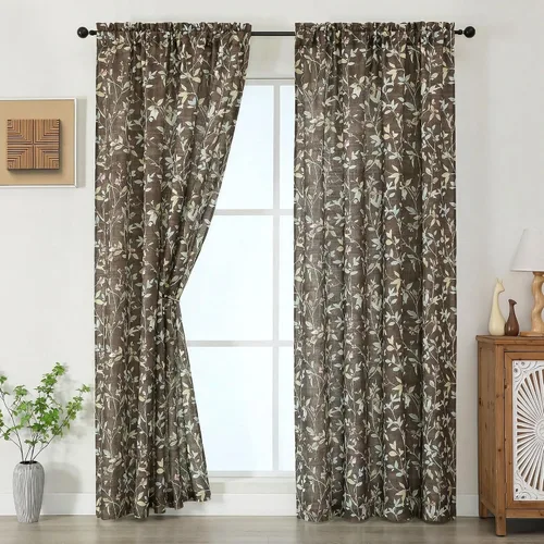 Vista 27 de Chyhomenyc Cortinas de mezcla de lino de 63 pulgadas de largo, 2 paneles de cortina con estampado floral filtrante de luz para sala de estar