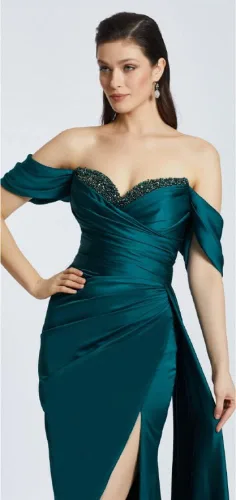 Vista 3 de Vestidos de fiesta con hombros descubiertos 2023 con cuentas de satén de sirena con abertura larga, vestidos de noche para mujer, vestidos de dama