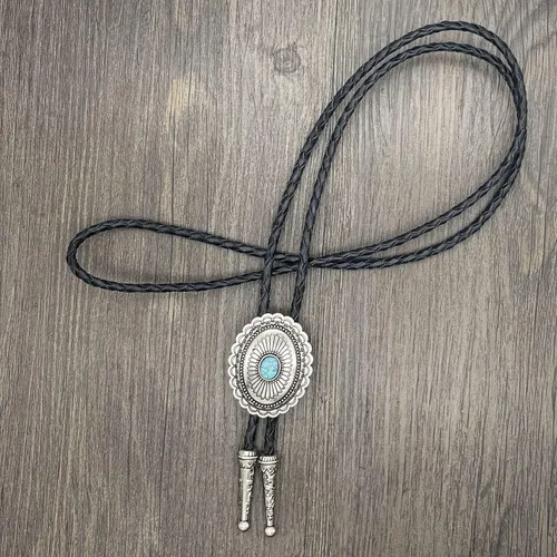 Vista 4 de YOQUCOL Vintage American Western Cowboy Indian Art Stone Genunie Leather Bolo Tie Para Hombres Mujeres