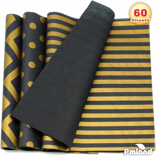 Vista 4 de PMLAND Papel de seda de alta calidad para envolver regalos, color negro metálico dorado con rayas zigzag, 20 x 14 pulgadas, 60 hojas