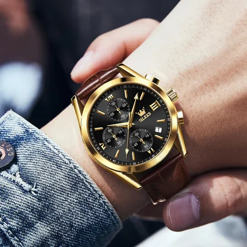 Vista 4 de OLEVS Reloj cronógrafo para hombre, reloj de pulsera analógico de cuarzo con correa de cuero para hombre (azulblanconegrodorado)