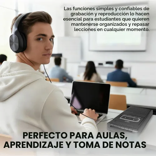 Vista 3 de Coby Reproductor de cassette portátil y grabadora con auriculares sobre la oreja, micrófono integrado, grabación de un solo toque, parada