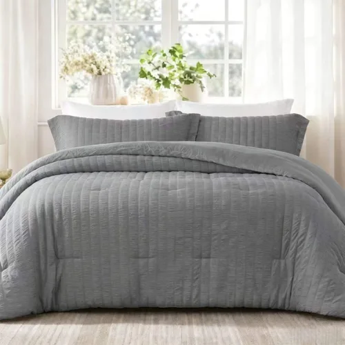 Vista 14 de Quataly - Juego de edredón Seersucker tamaño Twin/Twin XL en color blanco; juego de cama de 2 piezas que incluye 1 edredón suave y esponjoso y 1