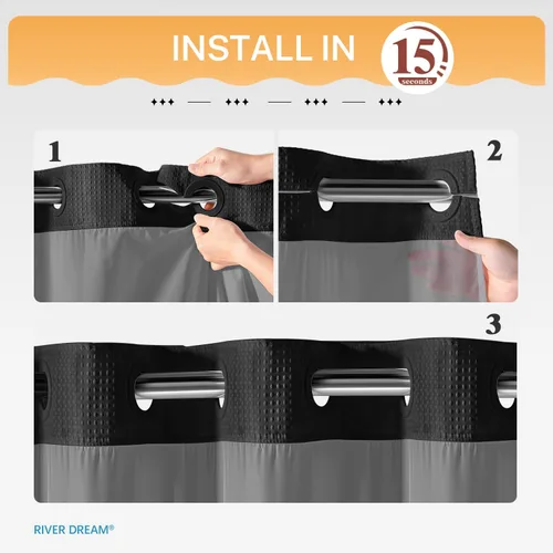 Vista 3 de Cortina de baño River Dream de gran peso sin ganchos necesarios con diseño de gofre punteado y forro a presión - 36W x 74H, de calidad hotelera