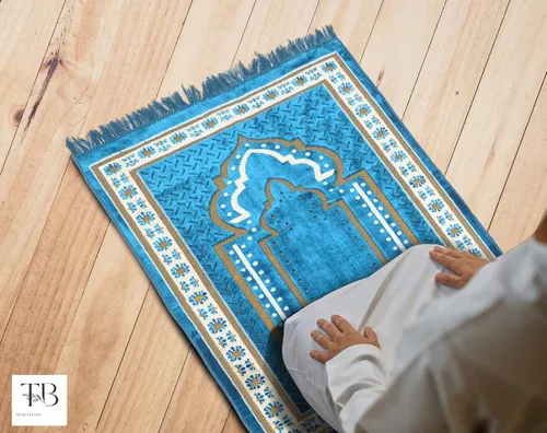 Vista 5 de TB - Alfombra de oración islámica gruesa y suave, alfombra musulmana única árabe, turca, africana, diseño bordado, cuentas de oración diaria, Azul