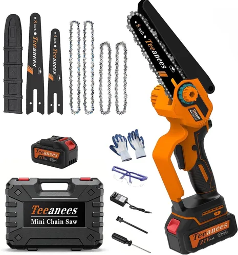 Vista 9 de Motosierra eléctrica inalámbrica de 8 pulgadas con baterías de 2 x 4.0 AH, motosierra de mano a batería para poda de árboles, corte de madera y Azul