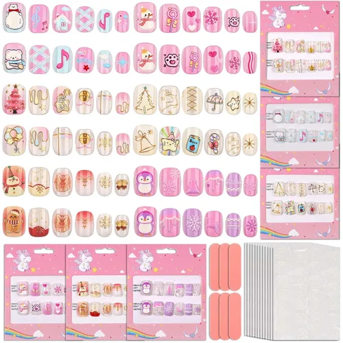 Vista 8 de Shynek Uñas Postizas para Niñas, 168 Piezas de Uñas Postizas Infantiles con Adhesivo Pre-Pegado, Juego de Uñas Postizas de Cubierta Completa