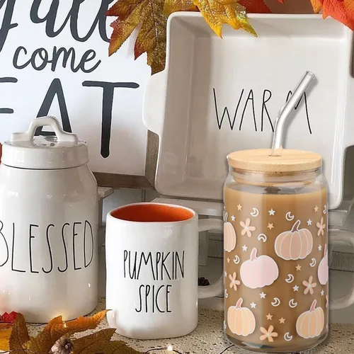 Vista 5 de Tazas de vidrio de calabaza de Acción de Gracias, 16 onzas, taza de café helado de otoño, taza de vidrio con forma de lata con tapa y pajita, café