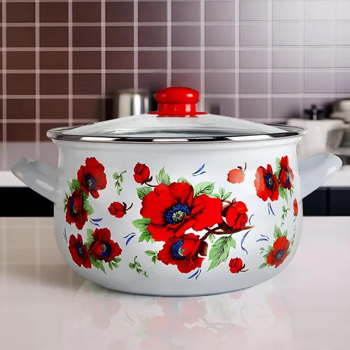 Vista 2 de Olla de aluminio esmaltado amapolas vientre cazuela profunda olla de cocina con tapa de vidrio Utensilios de cocina Olla de sopa (2.1 L)