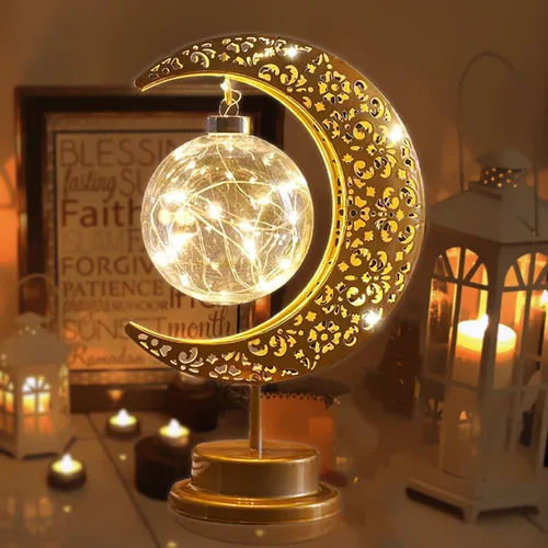 Vista 8 de Lámpara de luna con globo colgante, lámpara de mesa decorativa de luna creciente, funciona con pilas, decoración islámica de metal retro, luz LED