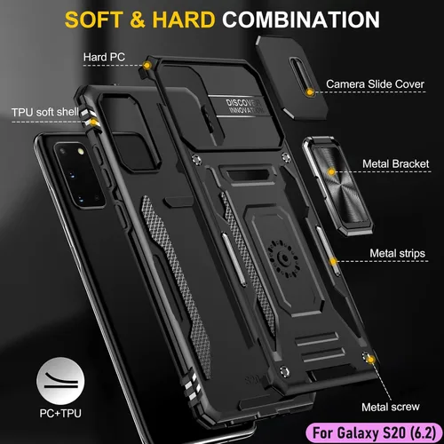 Vista 3 de Funda resistente para Samsung Galaxy S20, protector de parachoques de goma de doble capa de grado militar con protector de cámara deslizante