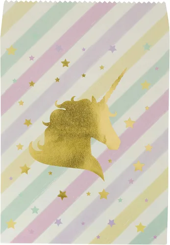 Vista 8 de Paquete de fiesta temática de unicornio dorado – Platos de papel desechables, vasos, servilletas, tenedores, cucharas, bolsas de regalo y sopladores