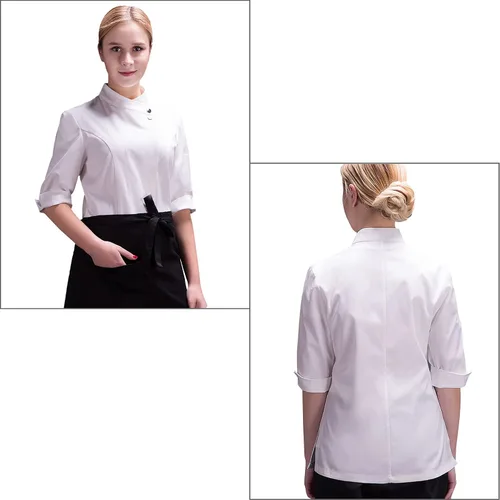 Vista 4 de Uniforme de chef clásico de manga 34 para mujer, chaqueta de chef de verano para hotel, cocina, restaurante
