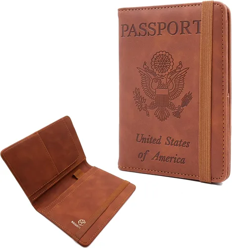 Vista 18 de Melsbrinna Funda de cuero prémium para pasaporte, impermeable, con bloqueo RFID, cartera de viaje con soporte para bolígrafo, bonito libro