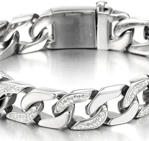 Vista 3 de COOLSTEELANDBEYOND Pulsera de cadena de acero inoxidable para hombre, altamente pulida con circonita cúbica