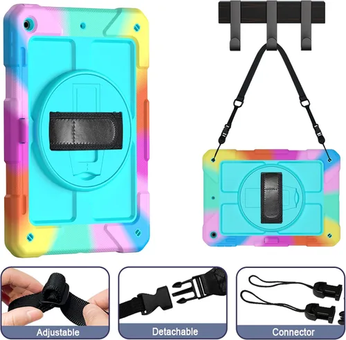 Vista 6 de LTROP Funda para iPad de 9ª/8ª/7ª generación (2021/2020/2019), Funda para iPad de 10.2" a prueba de golpes con correa para el hombro, soporte