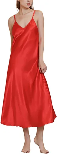 Vista 8 de Camisón de satén para mujer, vestido largo para dormir, camisones de seda con cuello en V Un negro