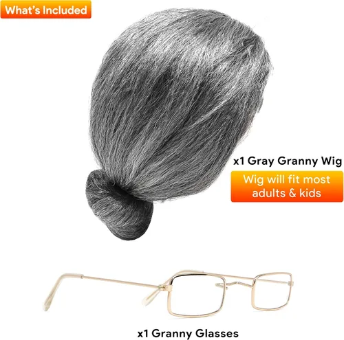 Vista 2 de Skeleteen Juego de disfraz de anciana – peluca gris de abuela y lentes rectangulares dorados falsos para mujeres y niñas