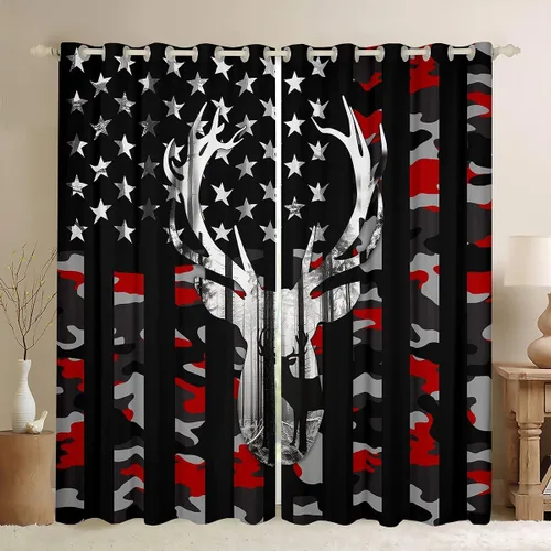 Vista 50 de Cortinas opacas de camuflaje con bandera estadounidense, regalo para niños, cortina de ventana de camuflaje verde con rayas negras, estrellas