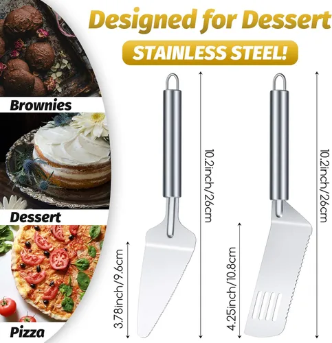 Vista 2 de Juego de 4 piezas para servir tartas de acero inoxidable, espátula dentada para tartas, cortador de tartas con mango cómodo, para cortar y servir