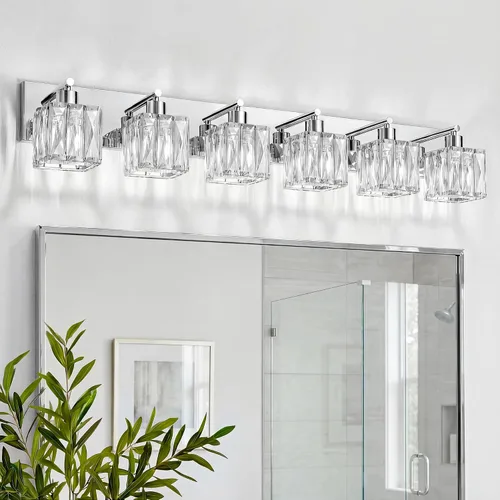 Vista 14 de VOLISUN Luces de Tocador de Cristal - 2 Luces Modernas de Acero Inoxidable para Baño Sobre Espejo, Acabado Cromado - Certificado UL