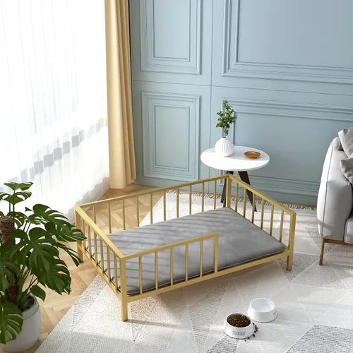 Vista 5 de OSCHF Cama para perros con rieles, marco de cama elevado de metal para mascotas con tablero de madera maciza y tapete suave lavable para perros
