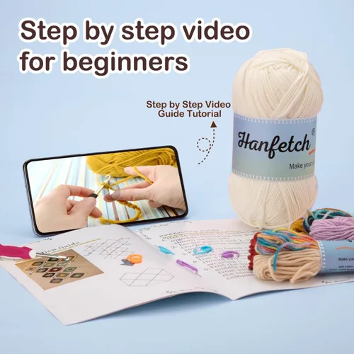 Vista 5 de Kit de ganchillo Hanfetch para avanzados o principiantes intermedios, video tutorial paso a paso e instrucciones detalladas. Suministros