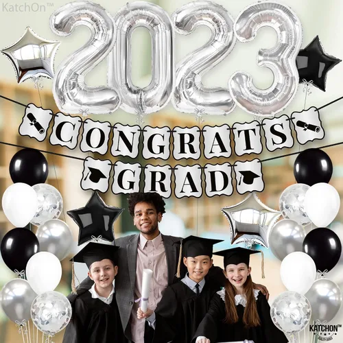 Vista 3 de KatchOn, Decoraciones de fiesta de graduación plateadas 2023 – Gaint de 40 pulgadas, paquete de 43 Cartel de graduación de felicitaciones