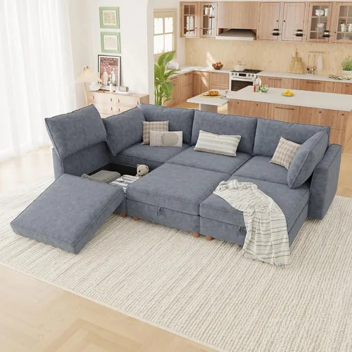 Vista 24 de 95.5" Sofá seccional modular de chenilla con almacenamiento oculto, sofá cama convertible en forma de L y U, sofá seccional moderno de 6 plazas