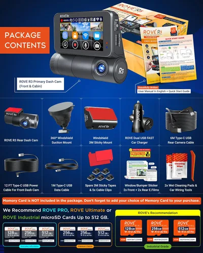Vista 7 de Cámara de tablero ROVE R3 delantera y trasera con cabina, pantalla táctil IPS de 3”, cámara de tablero de 3 canales 1440P+1080P+1080P, visión