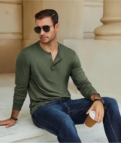 Vista 3 de COOFANDY Camiseta Henley de Manga Larga para Hombre Camisas Pullover Casuales Ligeras Camisetas Básicas Suaves Elásticas Tops de Otoño