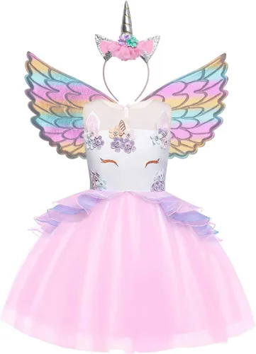 Vista 2 de Jxstar Disfraz de unicornio para niñas, vestidos de princesa de concurso de flores, 2 piezas de accesorios