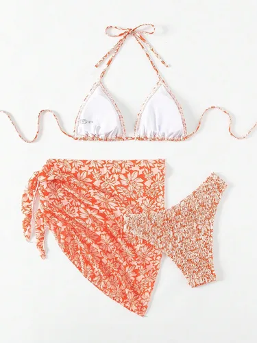 Vista 2 de COZYEASE Conjunto de bikini de 3 piezas para mujer, con estampado floral, brasier triangular halter y parte inferior de bikini con nudo lateral