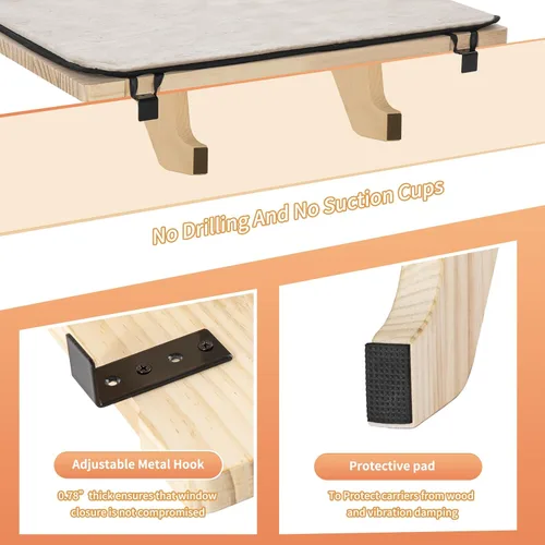 Vista 6 de Percha de Ventana para Gatos Petsfit, Hamaca de Gato de Madera Maciza Natural con Estera de Forro Polar Desmontable, Percha de Ventana Fácil