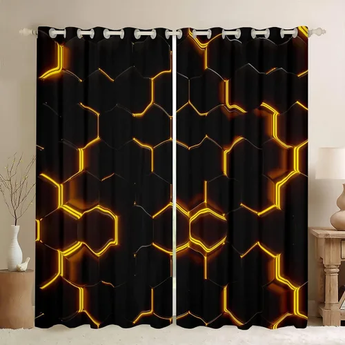 Vista 2 de Feelyou - Cortinas de ventana en forma de panal con luces de neón amarillas y marrones, cortinas geométricas hexagonales para decoración de Multi 22