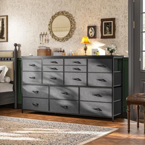 Vista 10 de Romorgniz Cómoda para dormitorio con 16 cajones de tela, cómoda larga con estación de carga, soporte de TV para televisor de 60" cómodas y cajoneras