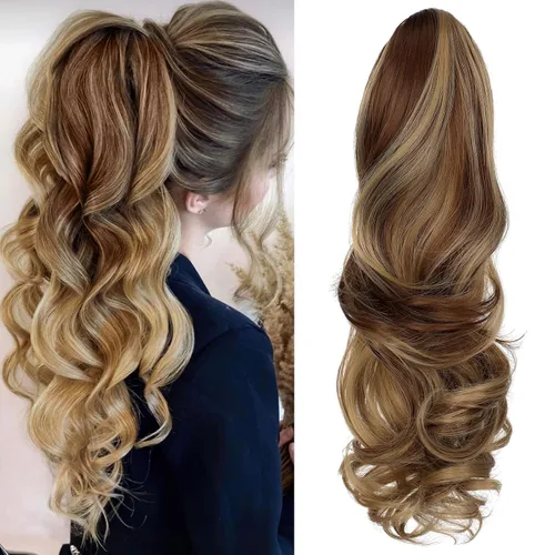 Vista 26 de Felendy Extensión de cola de caballo de 18 pulgadas, mezcla de rubio ceniza, marrón oscuro, rizado, ondulado, con clip, extensiones de cabello largo