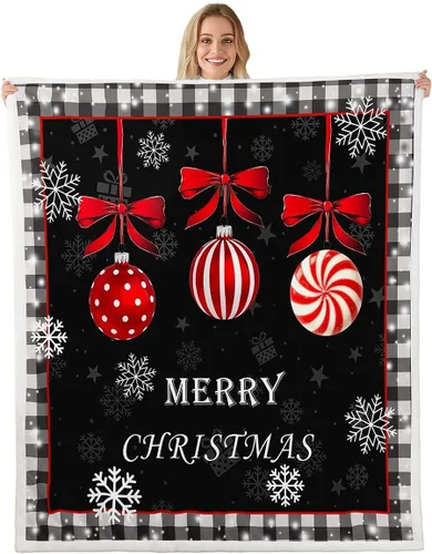 Vista 23 de Manta de cama Kawaii de Papá Noel, manta rústica de felpa con corona de Navidad para decoración rústica del hogar, manta de franela de flores rojas