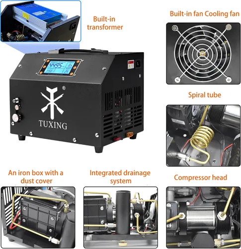 Vista 5 de TUXING Compresor de Aire PCP, Versión con Pantalla LCD, Parada Automática 4500Psi/30Mpa, Sin Aceite/Agua, Bomba con Transformador/Sistema de Drenaje