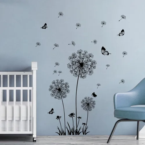 Vista 2 de 2 hojas de calcomanías de pared de flores silvestres de diente de león, calcomanías de arte para pared, despegar y pegar, mariposas florales